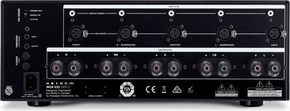 Zesilovač Anthem MCA 525 GEN 2 černý, 5 kanálů, pohled zepředu, detailní záběr konektorů a ovládacích prvků