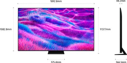 Samsung TQ85QN80F 2025 fladskærms-tv i mat sort med slank metalramme, rektangulært centralt fodstativ, set forfra med synlig ultratynd sideprofil