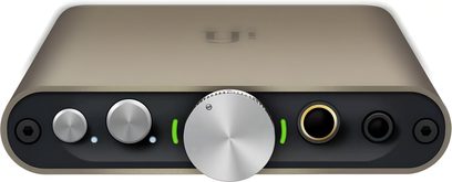 Tragbarer Audio-Wandler iFi Audio Hip DAC 3, dunkelgraues Aluminiumgehäuse, Vorderseite mit Klinkenbuchsen und LED