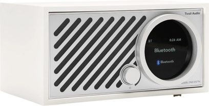 Tivoli Model One Digital bordradio, hvid plast og sølvmetal, rundt Bluetooth-display, sort diagonalgitter