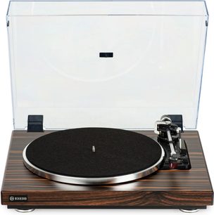 Gramofon Rekkord F400 macassar, přenoska 2M red, matně černý talíř, stříbrné raménko, průhledný kryt, dřevěná základna