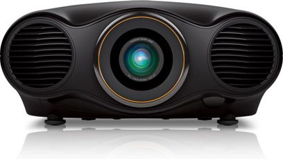 Epson EH-LS10000 sort videoprojektor, med cirkulær gylden linse, oval ventilationsgitter, vippefod