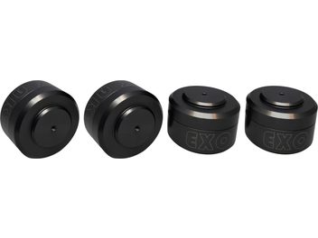 Set mit vier schwarzen Metall-Schwingungsdämpfern Aktyna EXO, zylindrisch mit zwei Ebenen und EXO-Gravur an der Kante, Dreiviertel-Perspektivansicht