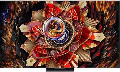 Televizor TCL 75C9K s vysokým rozlišením v černé barvě, ultra tenký rám z kartáčovaného kovu, plochá obrazovka 75 palců zobrazená zepředu na centrálním trapézovém stojanu