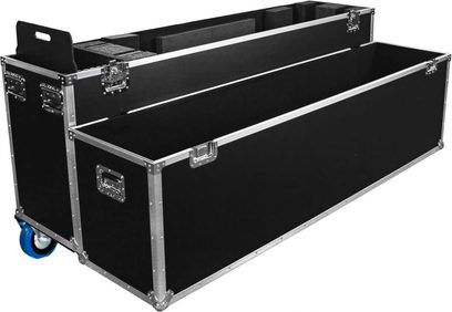 Power Acoustics Flight çift ekran 75/85 siyah taşıma kasası, açık, gümüş renkli kenarlıklar ve mavi tekerleklerle