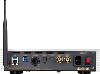 Zilverkleurige aluminium rechthoekige behuizing Cayin iDAP-8, achteraanzicht, zwart metalen paneel met links een Wi-Fi-antenne, blauwe LAN- en USB-poorten, XLR AES/EBU-uitgangen, optische uitgang, I²S/DSD, twee vergulde RCA-coaxiale uitgangen, IEC-netvoeding en rode schakelaar
