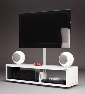 Norstone Saeby 2 hvid og sort TV-møbel, 2 hylder, 2 skuffer, TV-holder, 2 hvide kugleformede højttalere