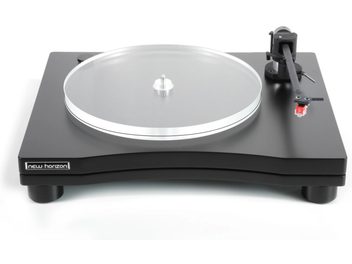 New Horizon 202 black turntable top view, silver platter, tonearm with AT-VM520EB cartridge