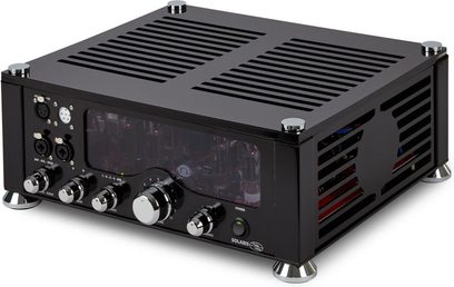 AudioValve Solaris DAC hovedtelefonforstærker sort, metalkabinet, vakuumrør, potentiometre, hovedtelefonstik, frontpanel