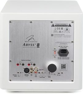 MartinLogan Abyss 8 subwoofer wit satijn achteraanzicht met metalen paneel, audio-aansluitingen en schakelaar