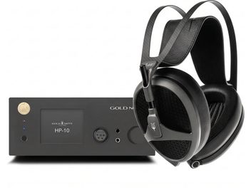 Black Meze Elite headphones with a dual headband and open-back earcups, with a black Gold Note HP-10 amplifier