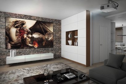 Sala de estar moderna con sofá gris, pared de ladrillos, cuadro de arte fantástico de una mujer guerrera y un dragón, y estanterías de madera