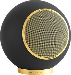Elipson Planet L Performance mat sort guld højttaler med cirkulært guldgitter og cylindrisk guldbase