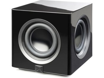 Caixa de graves MartinLogan Abyss 8 preto laqueado, formato cúbico, frente com alto-falante circular e acabamento brilhante