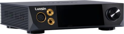 Luxsin Audio X8 fekete Hi-Fi fejhallgató-előerősítő, alumínium előlap középső kijelzővel, aranyozott csatlakozókkal és nagy jobb oldali tekerőgombbal