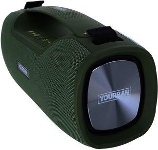 Cassa bluetooth Yourban Getone 70 verde, vista prospettica, griglia in tessuto, pannello di controllo, maniglia, logo visibile