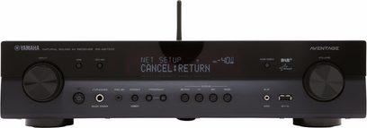 Yamaha RX-AS710D sort hjemmebiografsforstærker, frontvisning, display "NET SETUP CANCEL:RETURN", knapper og stik