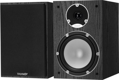 Tannoy MERCURY 7.2 bogreolhøjttaler i sortbejdset eg, set forfra, mørkt træhus, sort midterhøjttaler, sølvfarvet diskant