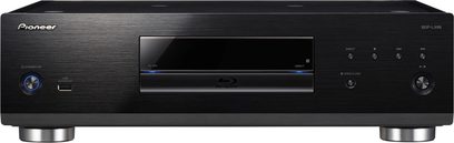 Lettore Blu-ray Pioneer BDP-LX88 nero, vista frontale, facciata nera con schermo LCD blu, pulsanti e cassetto per dischi