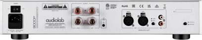 Amplificator de putere high-fidelity Audiolab 9000P, vedere din spate, conectori pentru boxe, intrări XLR și RCA pe panou argintiu