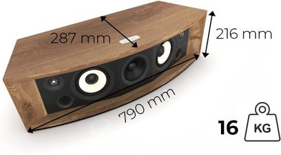 Træ-centerhøjttaler med to sorte og to hvide højttalere, dimensioner 790 x 287 x 216 mm, vægt 16 kg