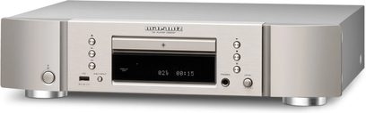 Λέκτης CD Marantz CD6007 ασημί χρυσός, μπροστινή όψη, ψηφιακή οθόνη, κουμπιά και περιστροφικοί διακόπτες ελέγχου, μεταλλική πρόσοψη