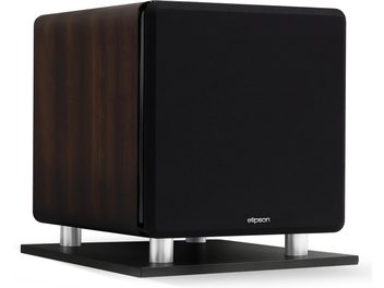 Elipson Prestige Facet Sub8 bassrefleksboks i valnøtt, forfra, kubisk form, mørk trefiner, svart grill