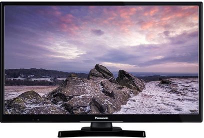 Panasonic TX-24E200E-fladskærm, der viser et snelandskab med store klipper i forgrunden under en farverig, overskyet himmel ved tusmørke