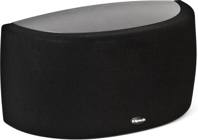 Klipsch Synergy S-10 sort baghøjttaler, set forfra, oval form, akustisk stof dækker fronten