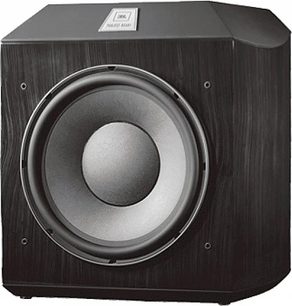 JBL Array 1500 sort baskabin, set forfra, kubisk form, central rund højttaler, mørk træfinish