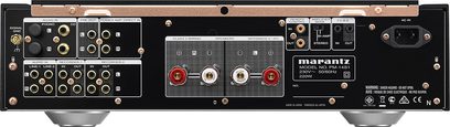 Marantz PM-14S1SE sort hi-fi stereoforstærker, frontvisning, stik og betjeningsknapper på forsiden, central digital skærm