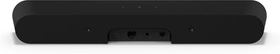 Sonos Ray svart lydplanke, sett forfra, med rektangulær, avlang form med avrundede kanter, svart grill på forsiden