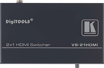 Seletor de entradas HDMI Kramer VS-21HDMI 2x1, painel frontal com logotipo DigiTools, conectores HDMI e botão de seleção, em fundo preto
