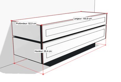 Rektangulært audio-/videomøbel Spectral Brick BR1503 med 3 skuffer, hvid og sort, forfra med dimensioner, teknisk diagram