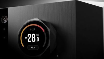Netværkslydafspiller EverSolo DMP-A10, set forfra, centralt cirkulært knap viser -28,0 dB, sort finish