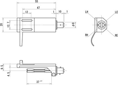 Centrere til Jelco HS-30 vinylpladespiller, teknisk diagram med dimensioner i millimeter, set forfra, ovenfra og fra siden