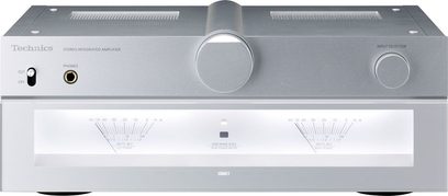 Integreret Technics SU-C700EG-S sølvfarvet stereo hi-fi-forstærker, frontvisning, 2 vu-metre, volumenkontrol, indgangsvælger