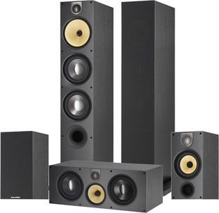 Pakke med Bowers & Wilkins 683 S2 gulvhøjtalere i sort ask, 2 store, 1 center, 2 surround, sorte fronter og træ