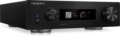 Oppo Sonica DAC sort netværksaudioafspiller, frontvisning, LED-display, kontrolknapper og -hjul, USB-porte og DAC