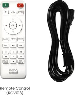 Fehér "Benq RCV013" távirányító fekete és piros gombokkal, fekete kábellel, amely fehér háttéren van feltekerve