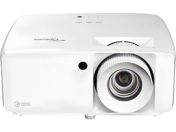 Videoproiector Optoma UHZ66 alb, văzut din față, obiectiv centrat, grilaje de ventilație laterale, trei butoane de reglare în partea de sus