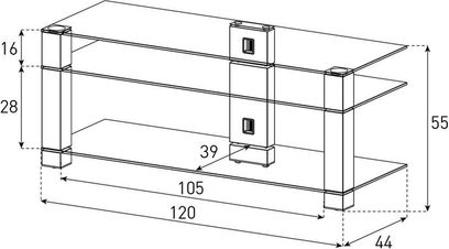 Sort glasmøbel til TV med 3 hylder og detaljerede mål i centimeter på den tekniske tegning, set forfra