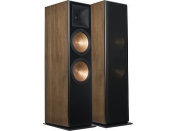 Diffusori da pavimento Klipsch RF-7 III in noce, altoparlanti neri e rame, base nera, vista frontale