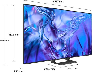 TU65DU8575 2024 højdefinitions-TV, trekvartersperspektiv, sort skærm, dimensioner vist, sort rektangulært stativ