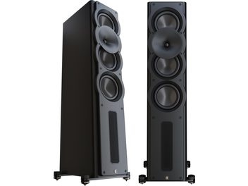 Due diffusori da pavimento Perlisten A4t nero opaco, trasduttori, tromba centrale, griglia metallica inferiore, viste frontale e a 3/4