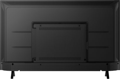 Panasonic TX-50LX700E sort fladskærms-TV, set forfra, skærm slukket, to støtteben, højttalergitter under skærmen