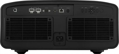 Videoproiector JVC DLA-NZ900, vedere din spate, două grilaje de ventilație, conexiuni în partea din spate, culoare neagră