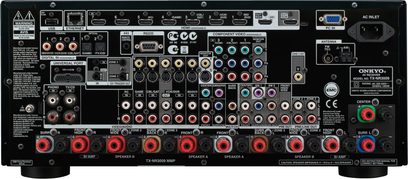 Onkyo TX-NR3009 sort hjemmebiografsforstærker, frontvisning, mange stik og knapper, central displayskærm