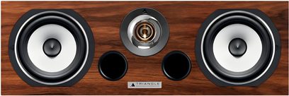 Triangle Voce EZ centerhøjttaler i teak fra EZ-serien, teaktræ finish, set forfra med to hvide mellem/bas-enheder med sort kant, en central gylden diskant med grå kant og to sorte, cirkulære basrefleksporte