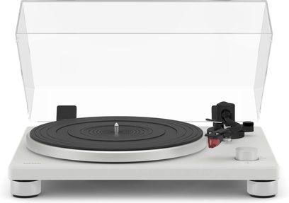 Plato giratorio hi-fi automático blanco mate con plato circular negro, brazo de lectura negro, aguja roja, cubierta transparente levantada